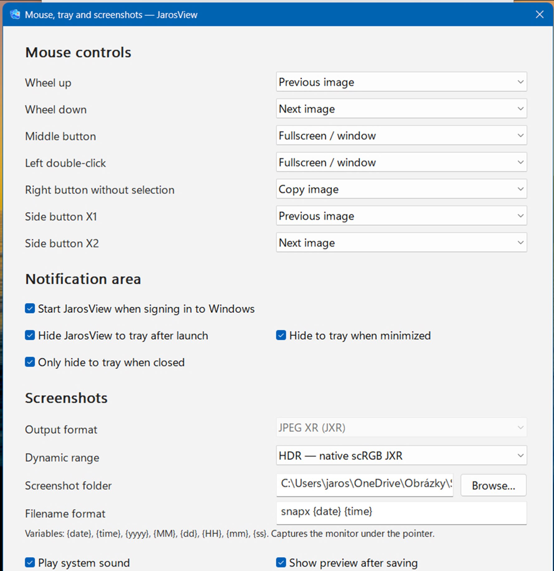 JarosView settings window screenshot